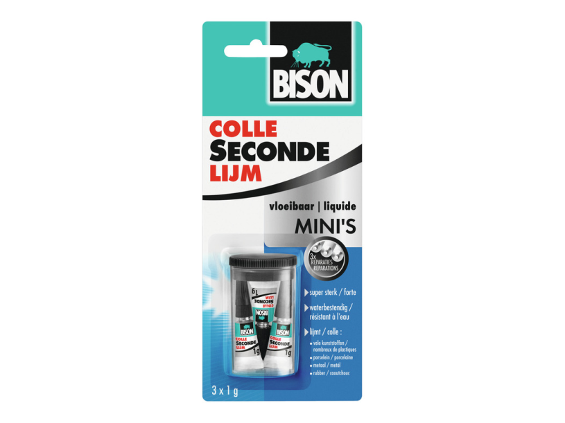 Bison Superglue Liquid Minis 3 x 1 g, starker Sekundenkleber, spezielle Miniverpackung, spülmaschinenfest, wasserbeständig, für jede Reparatur im und um das Haus