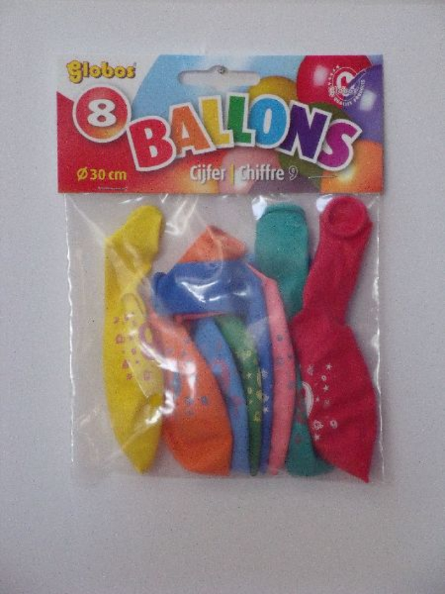 Globos ballonnen cijfer 9 no. 12 eenzijdig 8 stuks
