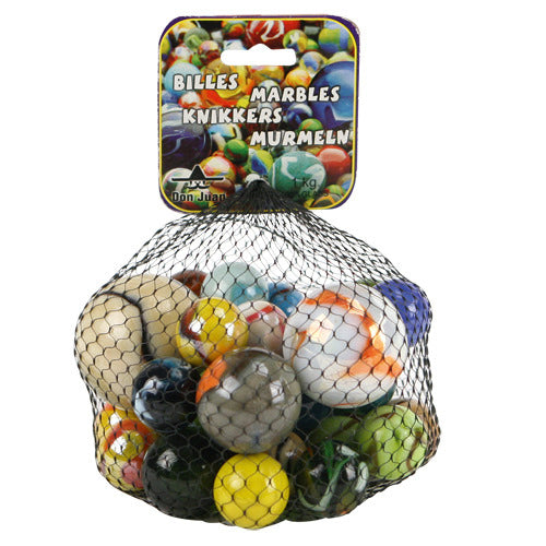 Don Juan Murmeln Banging und Mega Banging 1 Kilo im Netzbeutel (2x50mm, 2x42mm, 3x33mm, 15x25mm)