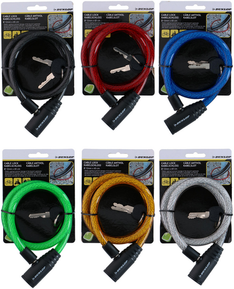 Dunlop Kabelschloss ø12 mm x 65 cm – Fahrradschloss mit Kunststoffabdeckung – Kabelschloss für Fahrrad und Roller – inklusive 2 Schlüssel – 1 zufällige Farbe