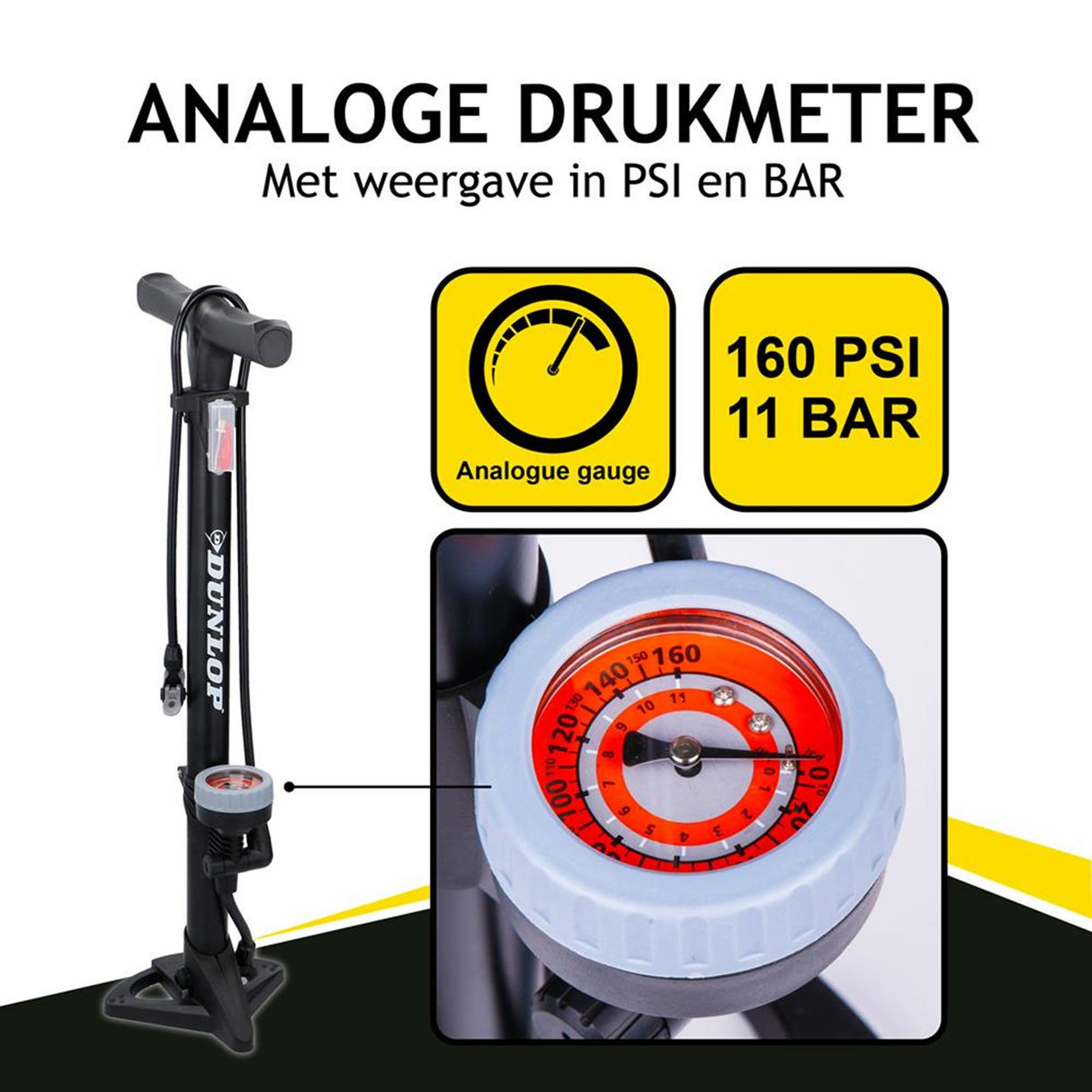 Dunlop Stand-Fahrradpumpe, Modell, analoges Manometer, Doppelventilkopf, schwarz