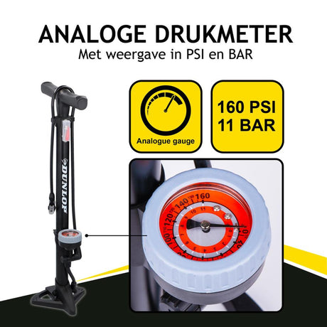 Dunlop Stand-Fahrradpumpe, Modell, analoges Manometer, Doppelventilkopf, schwarz