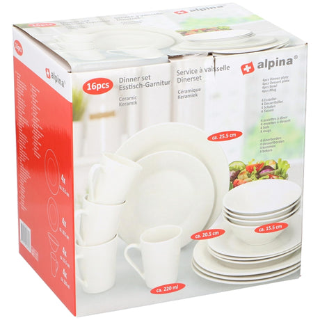 Alpina Geschirrset 16-teilig – Speiseteller-Set für 4 Personen – Steingutgeschirr – Speiseteller, Dessertteller, Schüsseln und Becher – mikrowellen- und spülmaschinenfest – weiß
