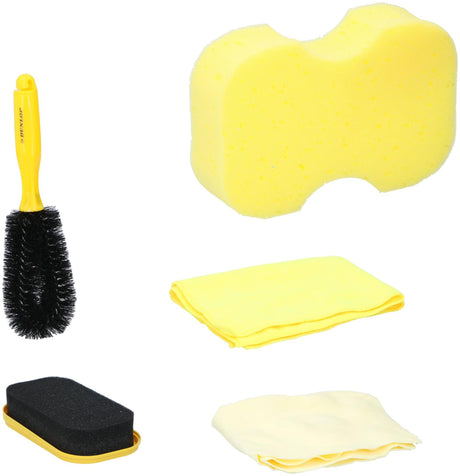 Dunlop Auto-Reinigungsset 5-teilig. Reinigungsschwamm, Armaturenbrett-Glanz-Vanille, Mikrofasertuch, Fensterleder und Felgenbürste