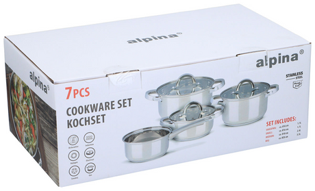 Alpina Induktions-Pfannenset 4-teilig – Kochtöpfe aus Edelstahl mit Glasdeckel – Kochtopf-Set für alle Herdarten geeignet – Kochtopf-Set – Töpfe und Pfannen-Set