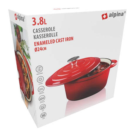 Alpina braadpan gietijzer met deksel - bakpan ⌀ 24 cm - alle warmtebronnen - rood