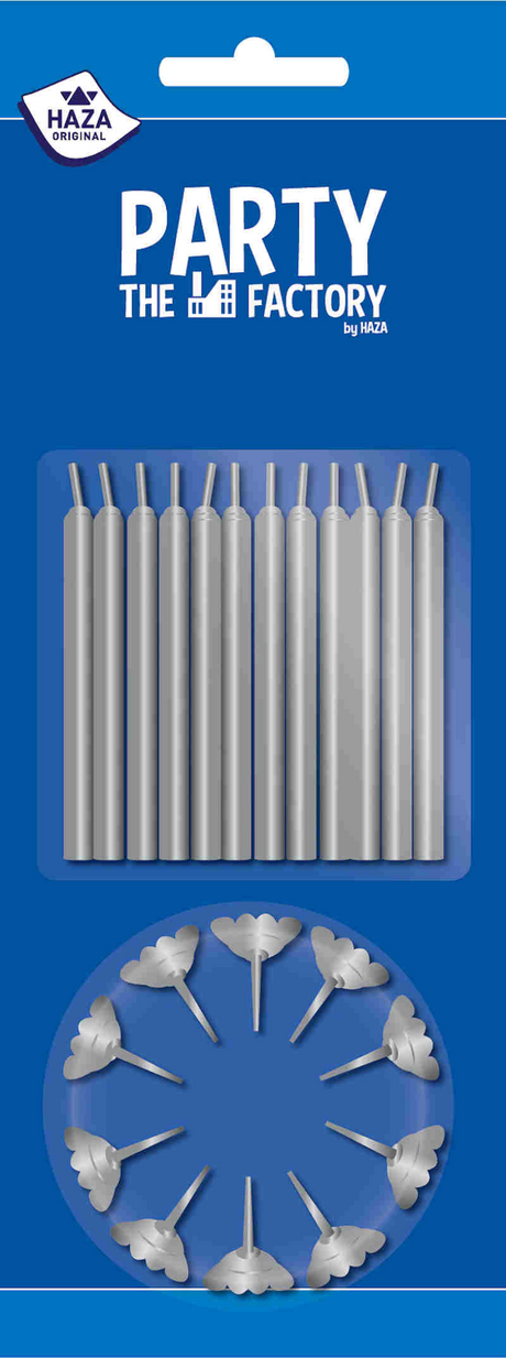 Taartkaarsjes 12 stuks + 12 houders zilver