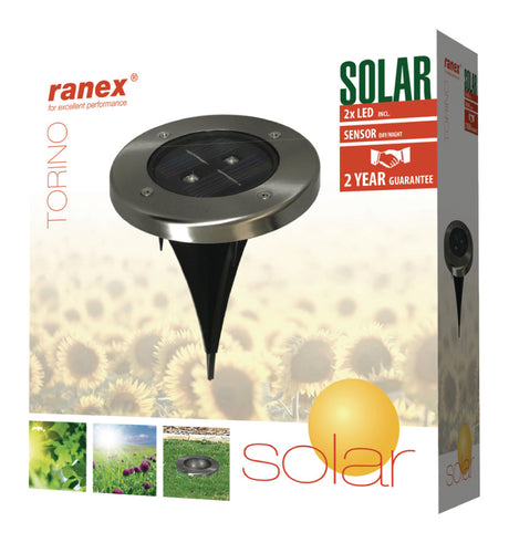 Ranex ra-5000389 runder LED-Solar-Bodenstrahler aus gebürstetem Edelstahlglas