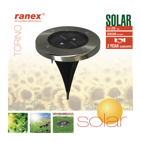 Ranex ra-5000389 runder LED-Solar-Bodenstrahler aus gebürstetem Edelstahlglas