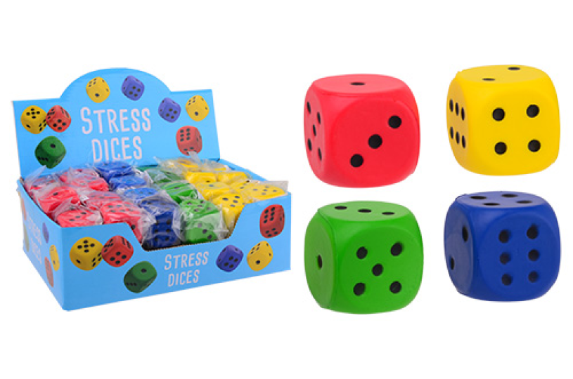 Johntoy funtoy stress dobbelstenen in display, 4 assorti