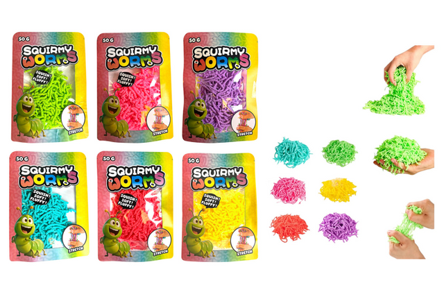 Johntoy squirmy wormen 50 grams in zak 6 kleuren assorti