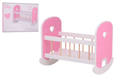 Johntoy Puppenwiege aus Holz, Babyrose, Schaukelwiege, Spielzeugbett.
