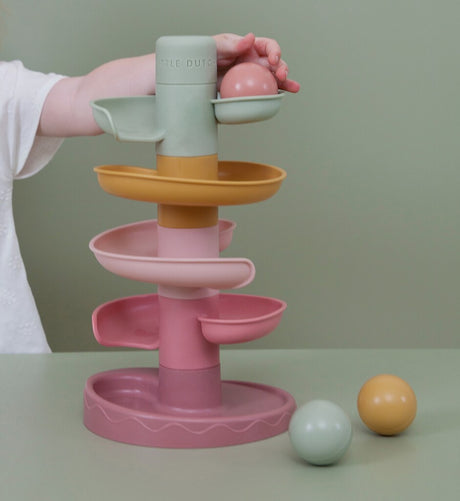 Rubo Toys Little Dutch Spiral Tower Pink – Murmelbahn – 5 Teile – 3 Kugeln – Stapelturm