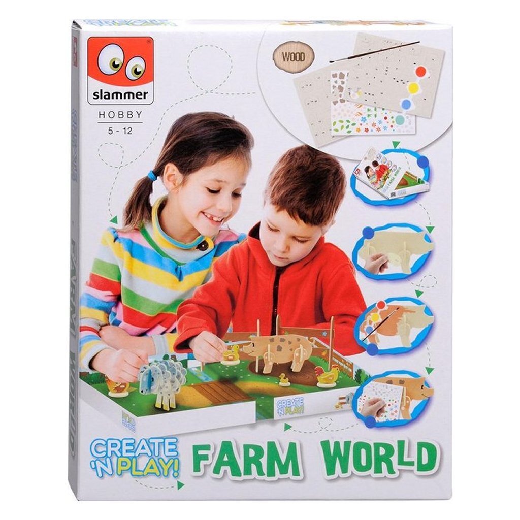 Slammer kreiert und spielt ein Farm-World-Bastelset aus Holz