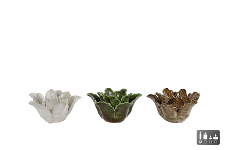 Kandelaar flower s creme beige groen 3 assorti aardewerk