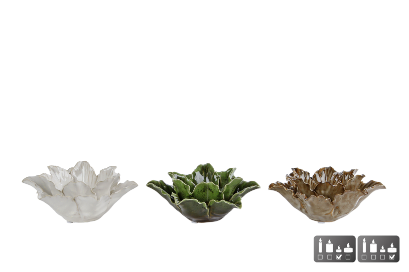 Theelichth flower m creme beige groen awerk 14x14x5,5cm ass.