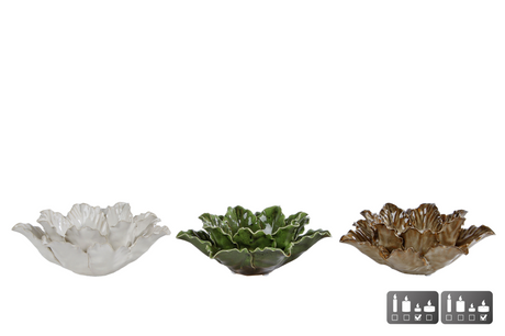 Theelichth flower l creme beige groen awerk 16x16x5,5cm ass.