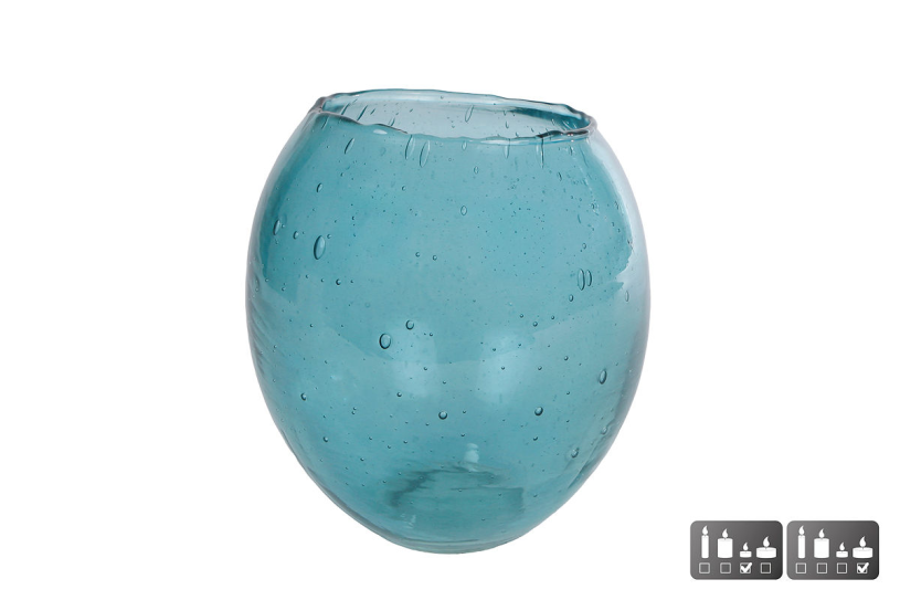 Theelichthouder ball l blauw glas 12x12x13cm