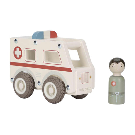 Little Dutch Spielzeugauto aus Holz mit Krankenwagen und Holzfigur.