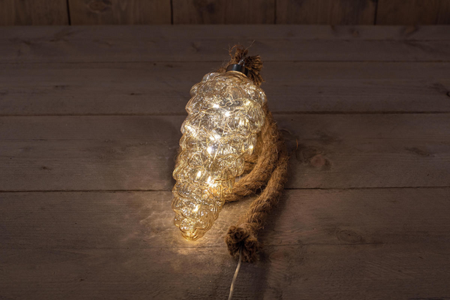 Denneappel glas goud 20cm aan 60cm touw 15 leds warmwit