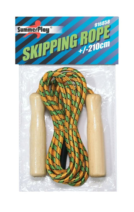 Neonfarbenes Springseil mit Holzgriff