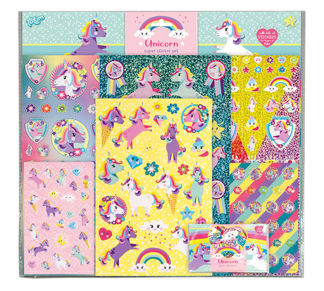 Totum Einhorn-Aufkleber Superaufkleber-Set XL 8 Blatt - inkl. Luxusaufkleber mit Einhornmotiv 38 x 36 cm – inklusive Spiele – kreatives Spielzeug für Mädchen und Jungen ab 3 Jahren