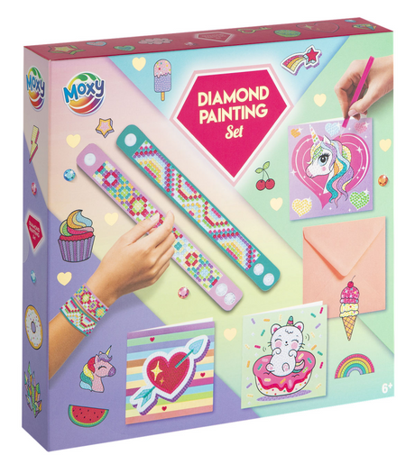 Moxy Diamant-Malset – kreatives Bastelset für Kinder – ab 6 Jahren – inklusive Zubehör und bunten Steinen – Armbänder basteln – Diamant-Malkarten – Diamant-Malaufkleber
