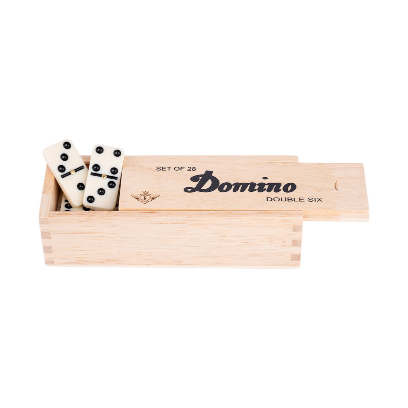 Engelhart Domino Double 6 klein – 28 Holzdominosteine mit schwarzen Augen – inklusive Holzbox mit Schiebedeckel –