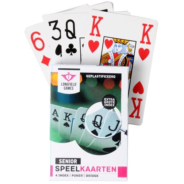 Longfield Spielkarten – Senior – kunststoffbeschichtet – extra großer 4er Index – Jumbo-Spielkarten – Kartenspiel für Senioren und gemütliches Spiel – Engelsherz