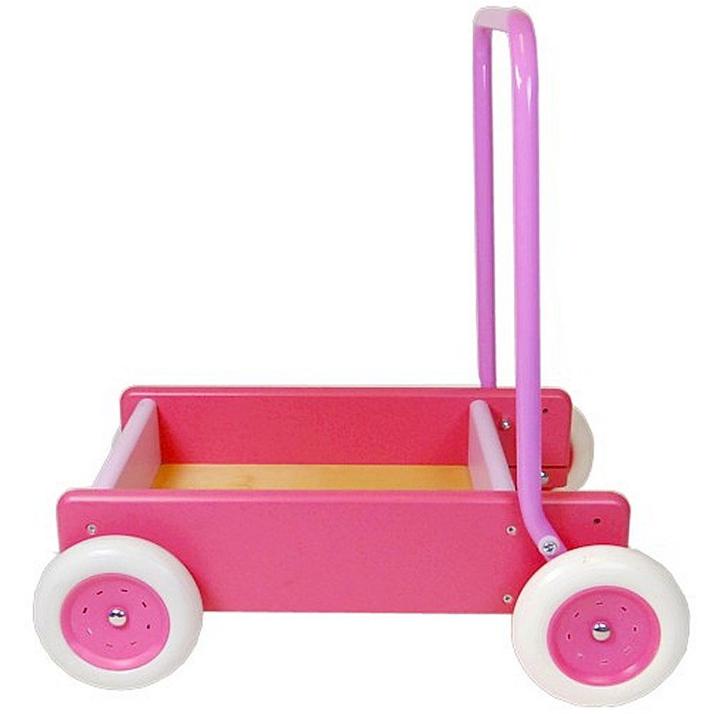 Van Bueren Holz-Schubwagen mit Leder-Gehständer in Rosa