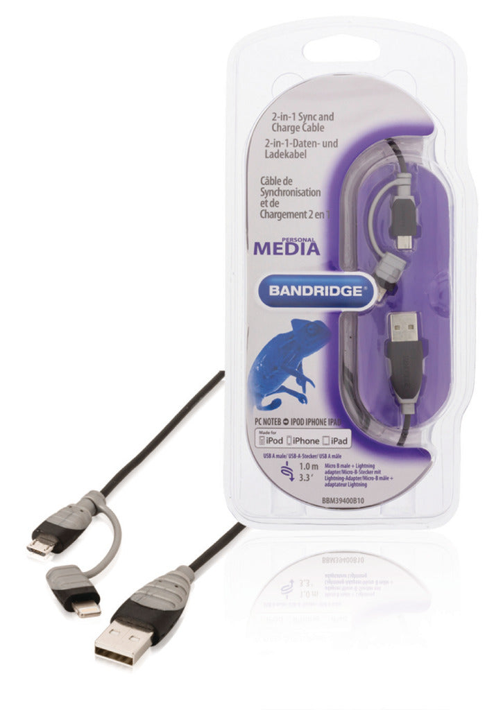 Bandridge BBM39400B10 2-in-1-Daten- und Ladekabel, USB-Micro-B-Stecker + Lightning-Adapter – A-Stecker, 1,00 m, Schwarz