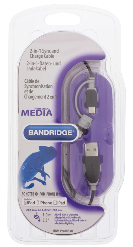 Bandridge BBM39400B10 2-in-1-Daten- und Ladekabel, USB-Micro-B-Stecker + Lightning-Adapter – A-Stecker, 1,00 m, Schwarz