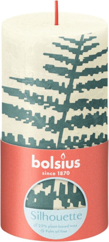 Bolsius rustikale Stumpenkerze 130 68 mm weiche Perle mit Farnsilhouette
