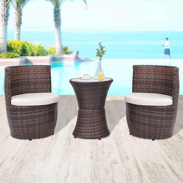 Vidaxl 3-delige bistroset met kussens poly rattan bruin