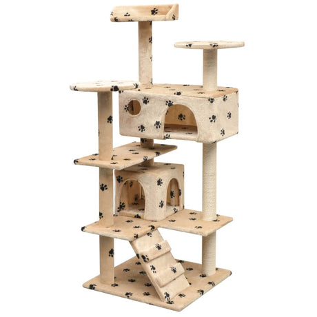 Vidaxl Katzenkratzbaum mit Sisal-Kratzstämmen 125 cm, Pfotenabdruck-Aufdruck, Beige