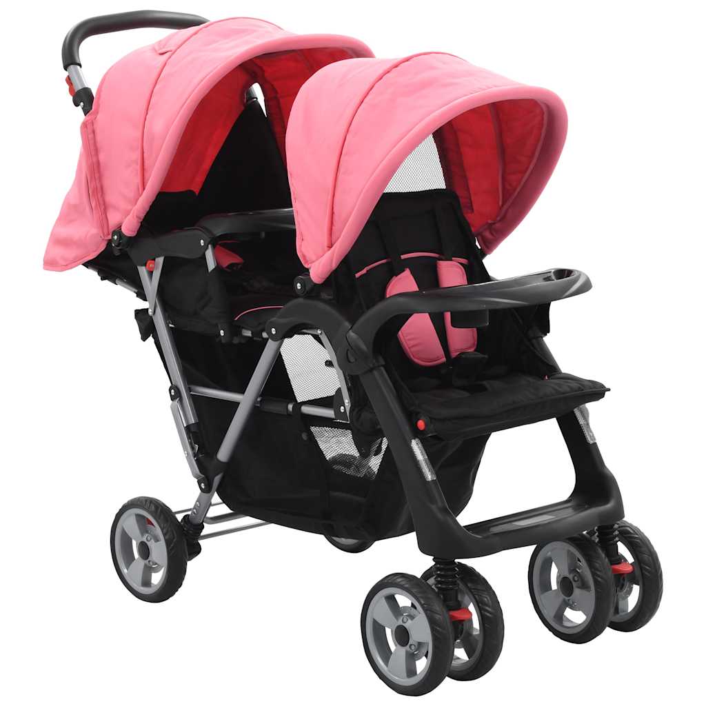Vidaxl Pram Doppelstahlrosa und schwarz