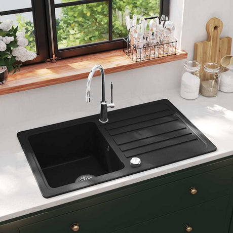 Vidaxl -Waschbecken Granit Einerkörper mit Abfluss reversibler Schwarz