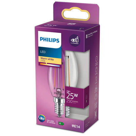 Philips LED-Lampe – Kerzenlampe mit E14-Fassung – warmweißes Licht: 2700 K – 25 W – klares Glas