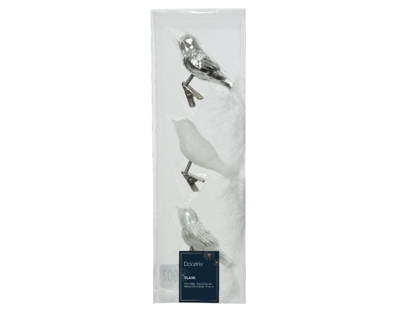 Kerstbal glas vogel op clip 3 stuks - zilver