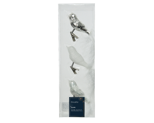 Kerstbal glas vogel op clip 3 stuks - zilver