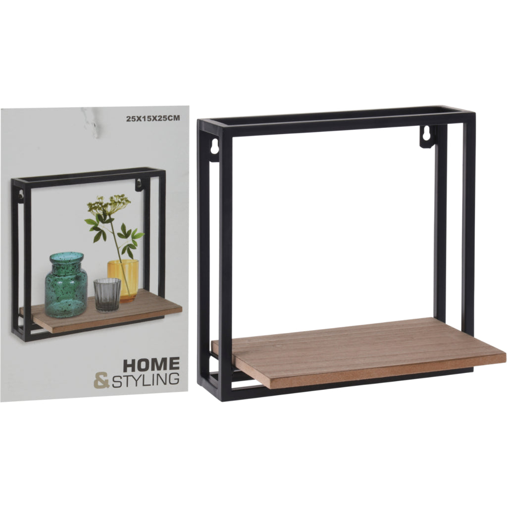 Basic Home Styling Hängeregal aus Metall mit Holzregal, 25 x 15 x 25 cm, Schwarzbraun