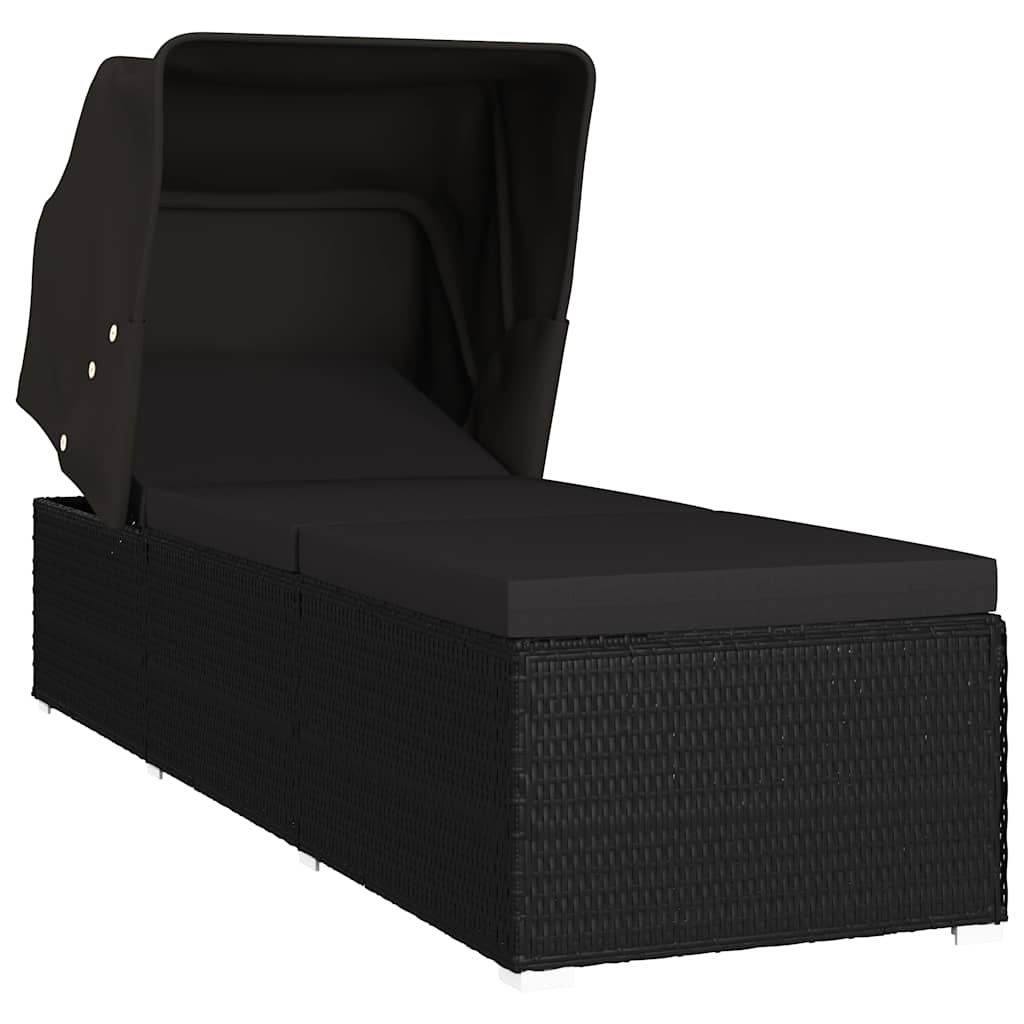Vidaxl ligbed met luifel en kussen poly rattan zwart