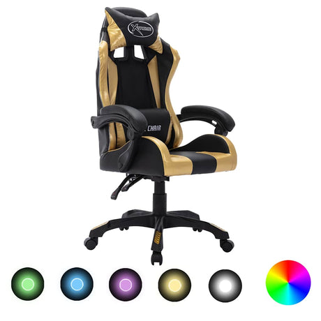 Vidaxl racestoel met rgb led-verlichting kunstleer goudkleurig en zwart