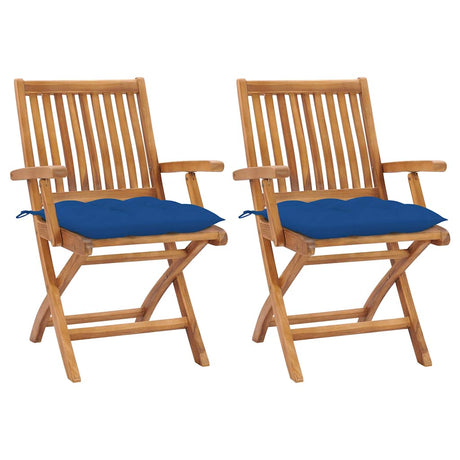 Vidaxl set van 2 klapstoelen met blauwe kussens, gemaakt van massief teakhout.