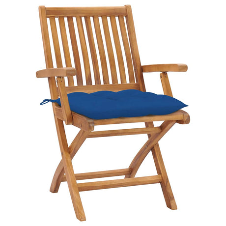 Vidaxl set van 2 klapstoelen met blauwe kussens, gemaakt van massief teakhout.