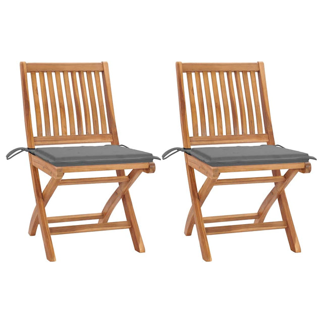 Vidaxl inklapbare stoelen 2 st met grijze kussens massief teakhout
