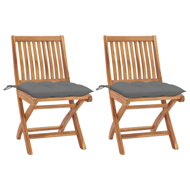 Vidaxl inklapbare stoelen 2 st met grijze kussens massief teakhout