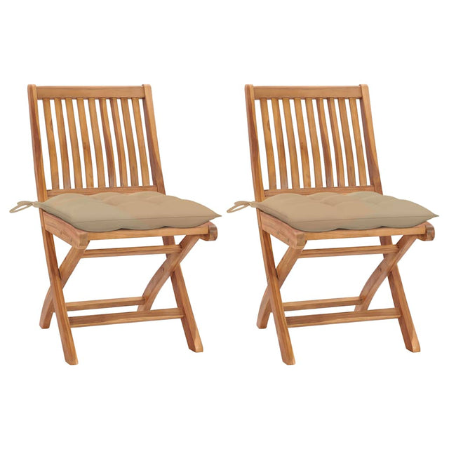 Vidaxl inklapbare stoelen 2 st met beige kussens massief teakhout