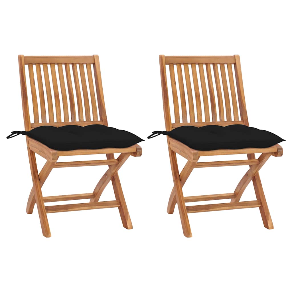 Vidaxl inklapbare stoelen 2 st met zwarte kussens massief teakhout