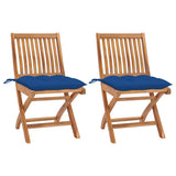 Vidaxl set van 2 klapstoelen met blauwe kussens, gemaakt van massief teakhout.